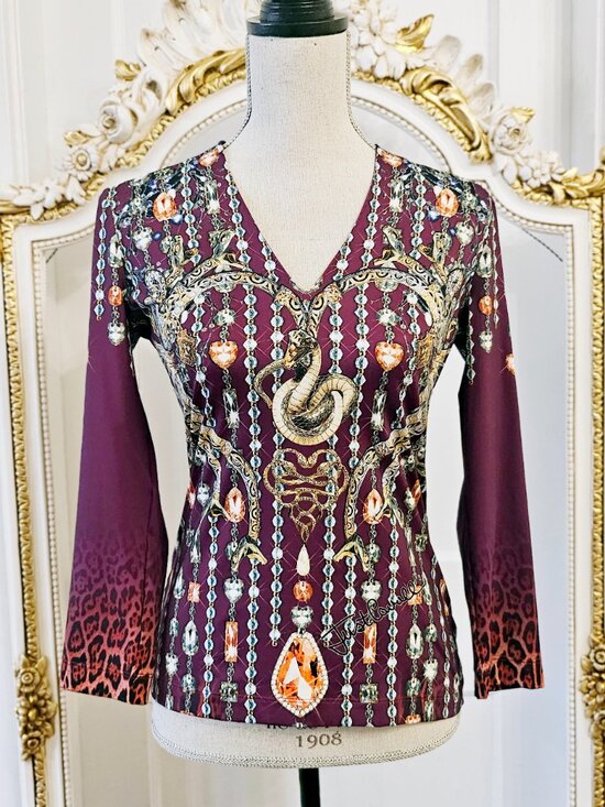 Just Cavalli Tops - Just Cavalli burgundy printed stretch top, size M, NWT